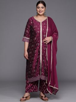 Extra love by Libas - Plus Size Women Purple Printed Silk Blend Straight Kurta Sets for Women