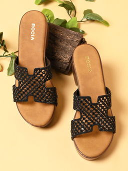 ROCIA - By Regal Black Women Diamond Studded Vinyl H Block Heels Sandals