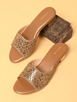 ROCIA - By Regal Antique Brown Women Fancy Mesh Studded Block Heels Sandals