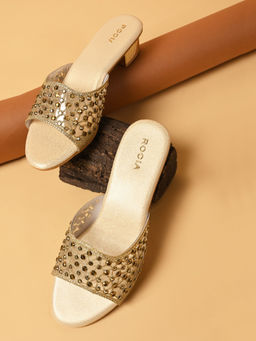 ROCIA - By Regal Gold Women Fancy Mesh Studded Block Heels Sandals