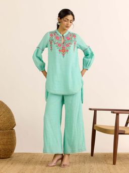 Aarke Ritu Kumar - Aqua Embroidered Mandarin Neck Kurti & Palazzo