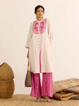 Aarke Ritu Kumar - Cream Embroidered Mandarin Neck Kurta & Palazzo