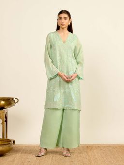 Aarke Ritu Kumar - Green Embroidered V-Neck Kurta & Palazzo