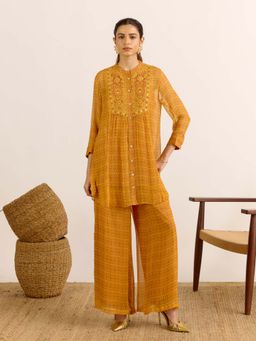 Aarke Ritu Kumar - Mustard Embroidered Mandarin Neck Kurti & Palazzo