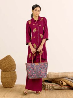 Aarke Ritu Kumar - Wine Embroidered Collar Neck Kurti & Palazzo