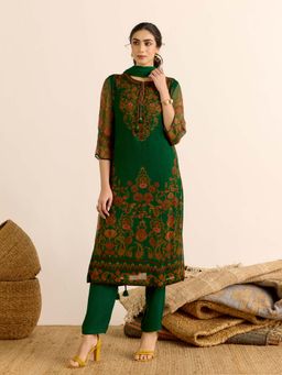 Aarke Ritu Kumar - Green Floral Tie Up Neck Kurta Pant with Dupatta