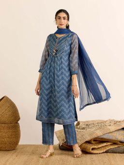 Aarke Ritu Kumar - Blue Abstract Keyhole Neck Kurta Pant & Dupatta