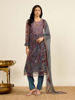 Aarke Ritu Kumar - Multi-Color Embroidered Round Neck Kurta Pant with Dupatta