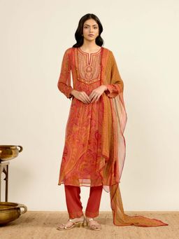 Aarke Ritu Kumar - Rust Embroidered Round Neck Kurta Pant with Dupatta