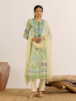 Aarke Ritu Kumar - Cream Embroidered Tie Up Neck Kurta Pant with Dupatta