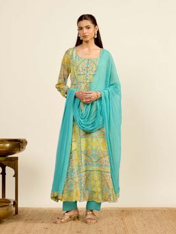 Aarke Ritu Kumar - Yellow Floral Round Neck Kurta Pant with Dupatta