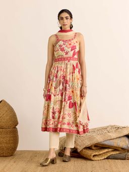 Aarke Ritu Kumar - Cream Floral Shoulder Straps Kurta Pant with Dupatta