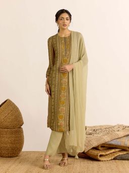 Aarke Ritu Kumar - Olive Floral Round Neck Kurta Pant with Dupatta