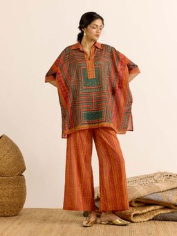 Aarke Ritu Kumar - Green Printed Collar Neck Kaftan & Palazzo