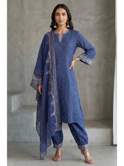 Folksong - Navy Blue Embroidered Round Neck Kurta Salwar with Dupatta