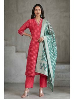Folksong - Red Printed V-Neck Kurta Pant with Dupatta