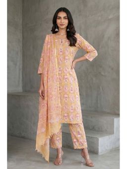 Folksong - Mustard Floral Round Neck Kurta Pant with Dupatta