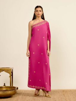 Aarke Ritu Kumar - Pink Embroidered One Shoulder Kaftan Dress