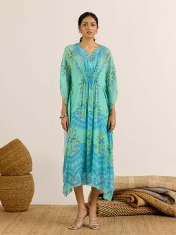 Aarke Ritu Kumar - Aqua Paisley Round Neck Kaftan Dress with Camisole