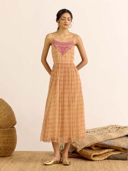 Aarke Ritu Kumar - Beige Embroidered Shoulder Straps Dress