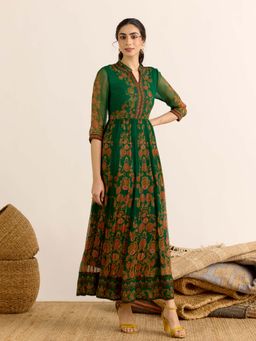 Aarke Ritu Kumar - Green Floral Mandarin Neck Dress