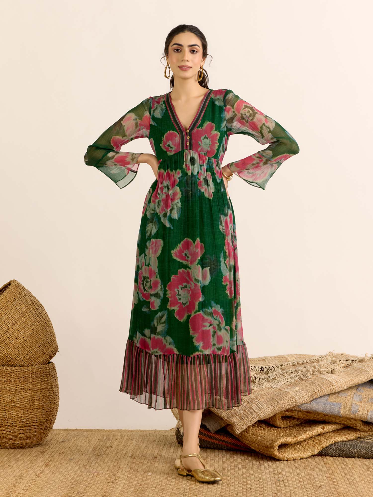 Green Floral V-Neck Dress-picture-24