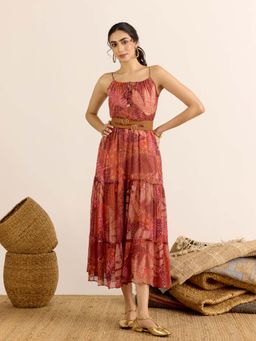 Aarke Ritu Kumar - Rust Floral Shoulder Straps Dress with Belt