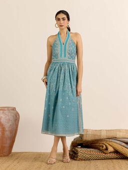 Aarke Ritu Kumar - Turquoise Printed Halter Neck Dress