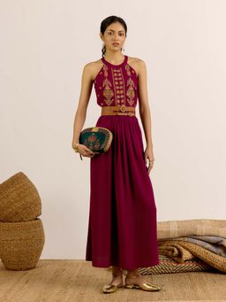 Aarke Ritu Kumar - Wine Embroidered Halter Neck Dress with Belt