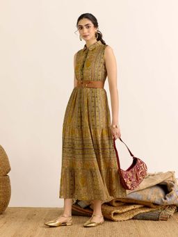 Aarke Ritu Kumar - Mustard Floral Collar Neck Dress with Belt
