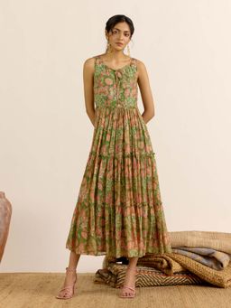 Aarke Ritu Kumar - Green Floral Tie Up Neck Dress