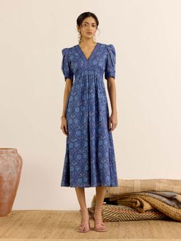 Aarke Ritu Kumar - Blue Floral V-Neck Dress