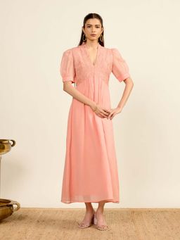 Aarke Ritu Kumar - Peach Embroidered V-Neck Dress