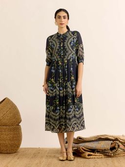 Aarke Ritu Kumar - Black Floral Mandarin Neck Dress