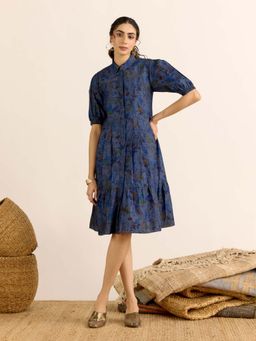 Aarke Ritu Kumar - Blue Floral Collar Neck Dress