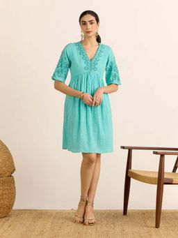 Aarke Ritu Kumar - Turquoise Embroidered V-Neck Dress