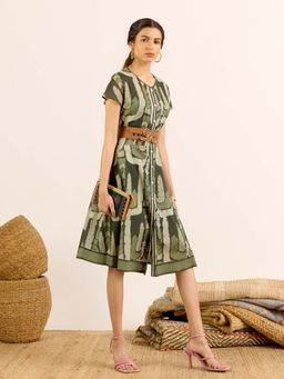 Aarke Ritu Kumar - Olive Abstract Round Neck Dress with Belt
