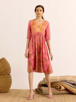 Aarke Ritu Kumar - Peach Floral V-Neck Dress