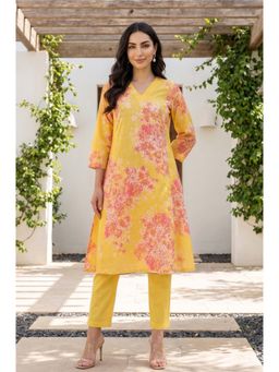 W - Yellow Floral V-Neck Kurta & Pant