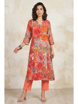 W - Orange Floral V-Neck Kurta & Pant
