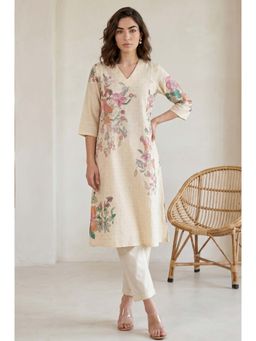 W - Beige Floral V-Neck Kurta & Pant