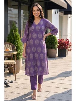 W - Purple Floral V-Neck Kurta & Pant