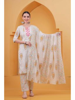 Gahan - Womens Off White Cotton Kurta with Pant & Dupatta