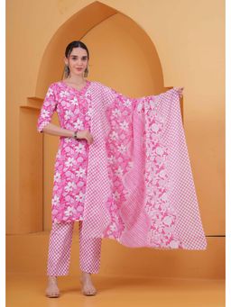 Gahan - Womens Pink Floral Cotton Kurta with Pant & Dupatta