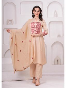 Gahan - Womens Beige Cotton Kurta with Palazzo & Dupatta
