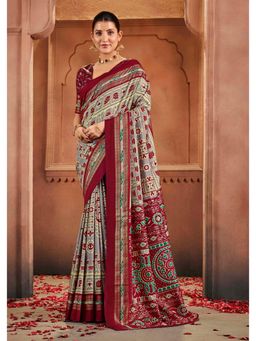 Gahan - Tussar Silk Beige Patola Print Saree with Unstitched Blouse