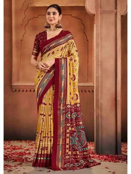 Gahan - Tussar Silk Yellow Patola Print Saree with Unstitched Blouse