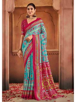 Gahan - Tussar Silk Blue Patola Print Saree with Unstitched Blouse