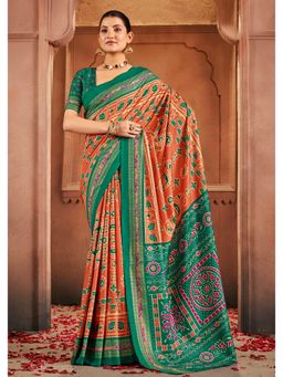 Gahan - Tussar Silk Orange Patola Print Saree with Unstitched Blouse