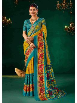 Gahan - Tussar Silk Mustard Patola Print Saree with Unstitched Blouse